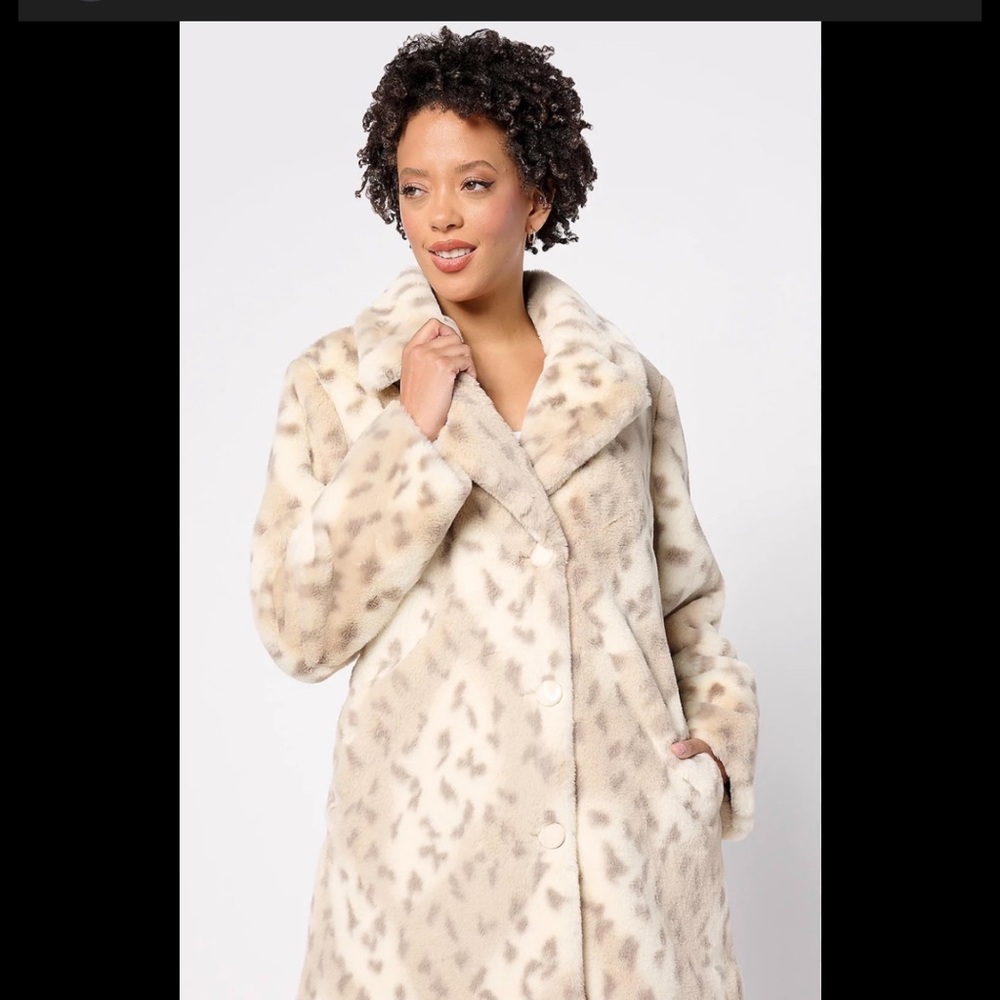 dennis basso Cream Leopard-Print Faux Fur Teddy Coat